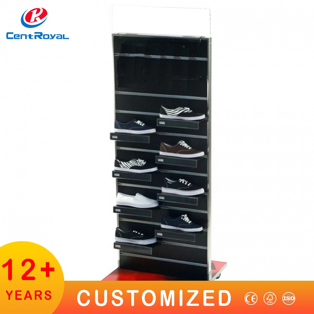 ODM/OEM Slatwall Floor Display for Retail Shop Shoes Display Shelf Slipper Sports Shoe Floor Display Shoe Store Sneakers MDF Sandals Display